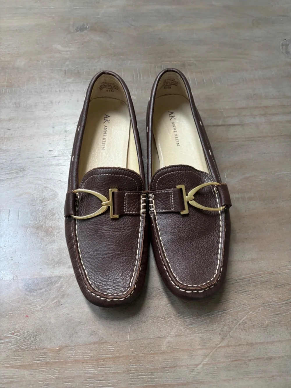 Ann Klein Davis Brown, Leather Loafers with Gold Buckle.